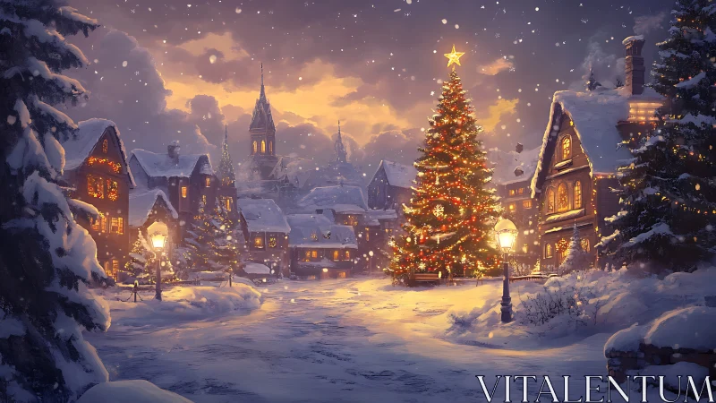 Golden lights glow around a cozy village Christmas tree