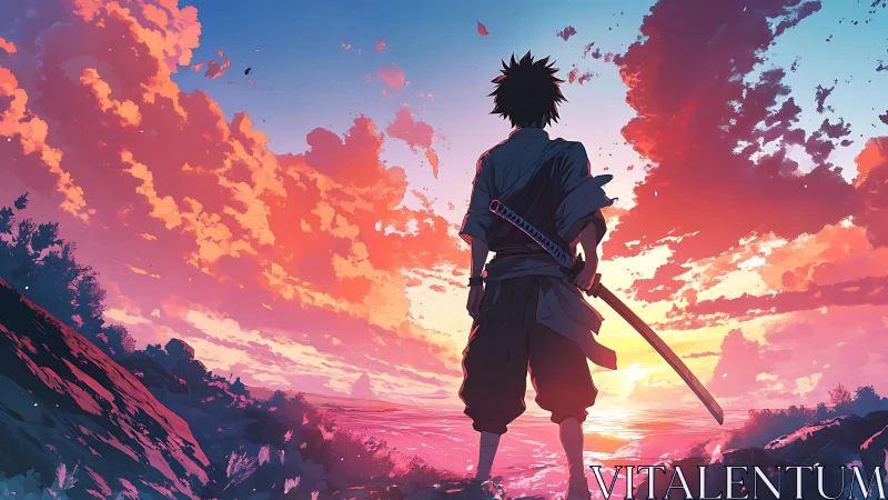 Backlit lone swordsman overlooking radiant ocean sunset