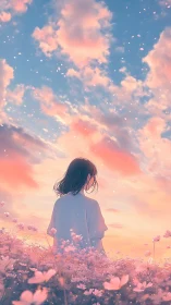 Twilight blossoms surrounding solitary girl beneath pastel sky.