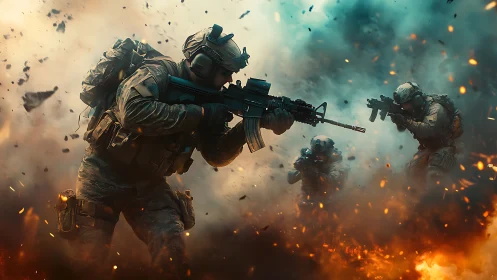 Soldiers advance under fire in a chaotic battlefield scene.