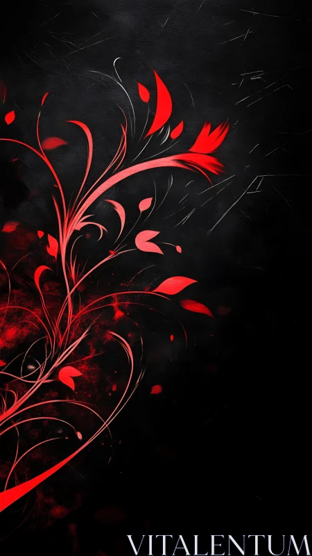 Digital floral plume with red vector tendrils on black field.