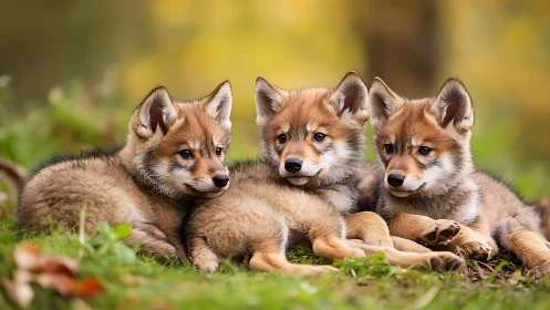 Three wolf pups resting on grass in soft forest light.