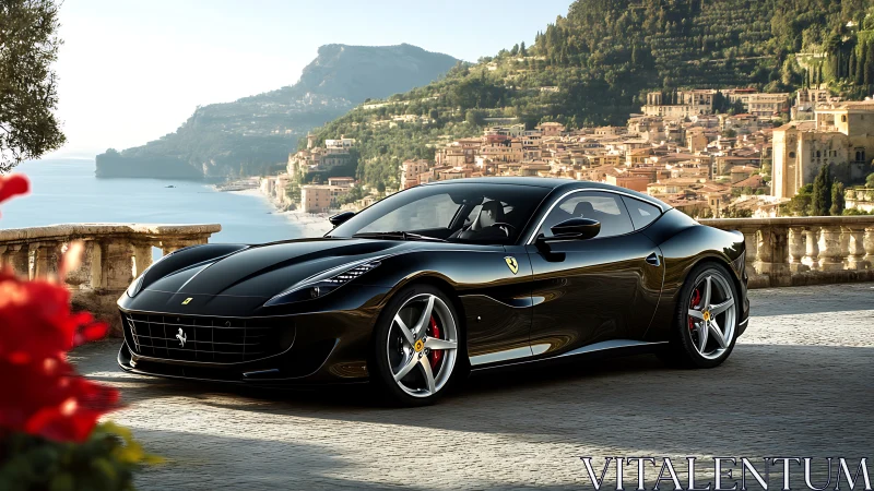 Glossy black sports car poised above a sunny coastal town.