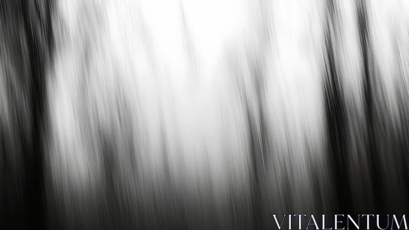 Blurred monochrome forest lines suggest kinetic vertical motion.