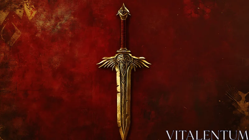 Golden winged sword rendered against textured crimson backdrop