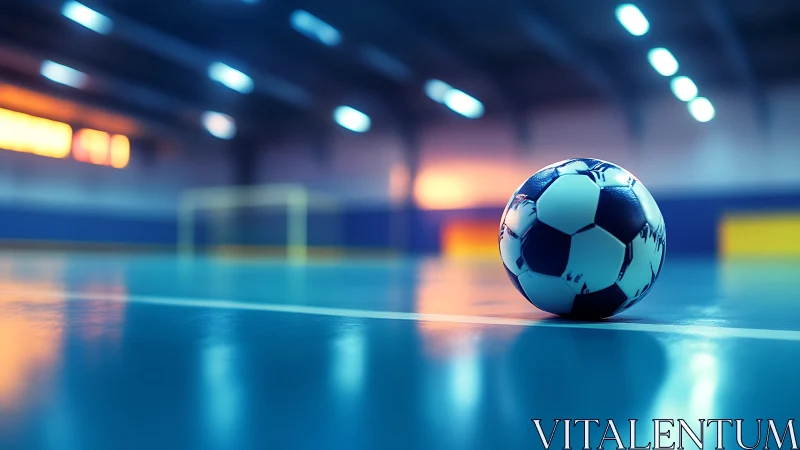 Indoor futsal ball resting on polished court under cool lights