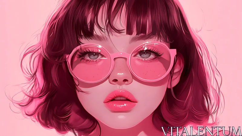 Candy pink portrait girl in glossy round sunglasses.