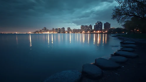 Urban waterfront skyline reflects across calm evening water