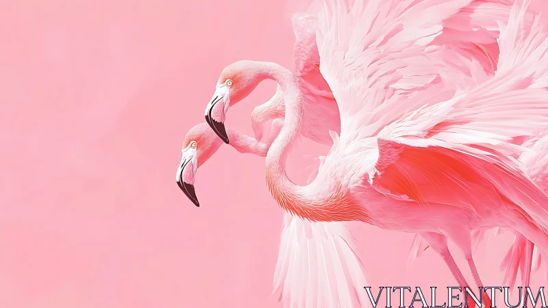 Two pale pink flamingos with wings spread in soft light.