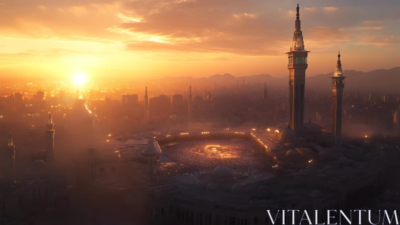 Sunrise illuminates grand mosque courtyard and distant city