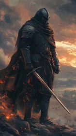 Dark armored sentinel amid embers in epic digital painting.