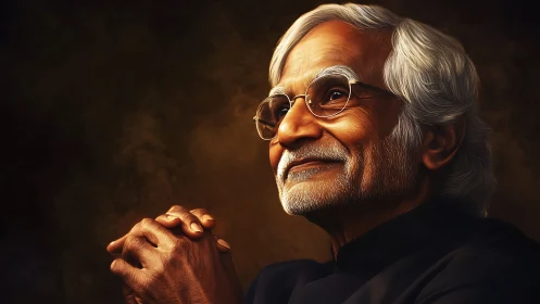 Gentle elder’s hopeful smile in warm golden portrait.