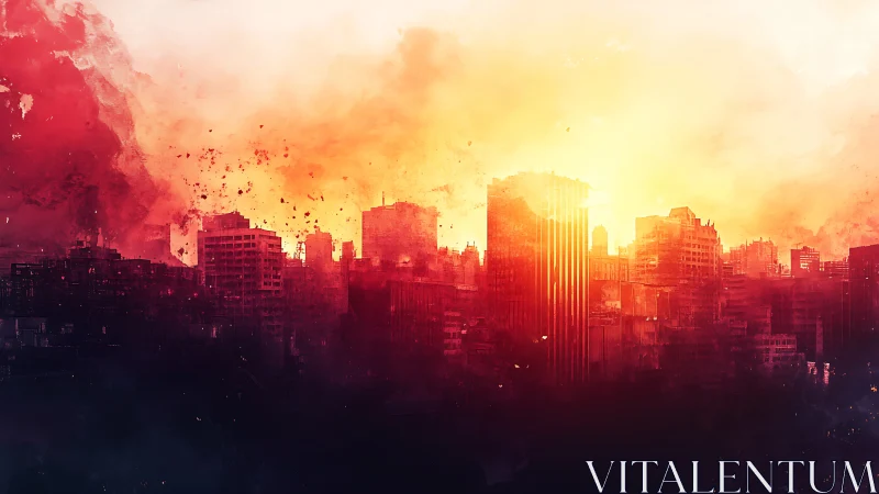 Burning city skyline dissolves into blazing apocalyptic light