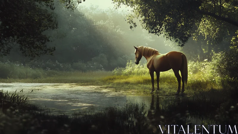 Solitary chestnut horse beside reflective forest water.