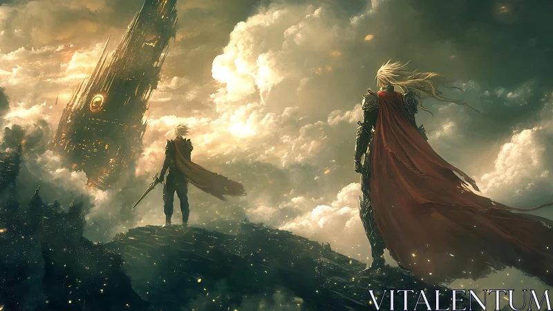 Two skybound warriors gaze toward a distant burning citadel.