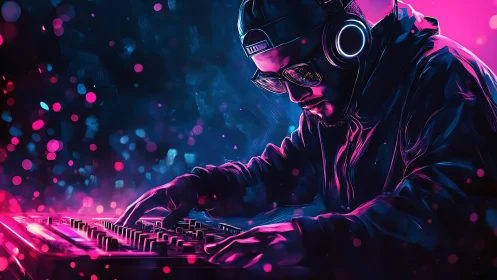 Neon lit DJ producer working on mixer in digital artwork.