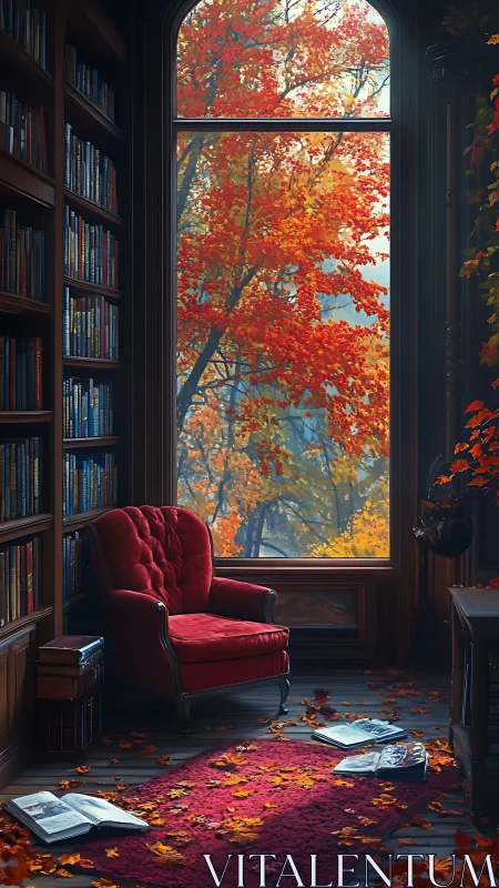 Autumn library window brews a quiet storm of crimson stories
