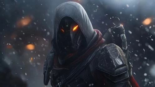 Hooded cybernetic assassin with glowing visor in snowstorm