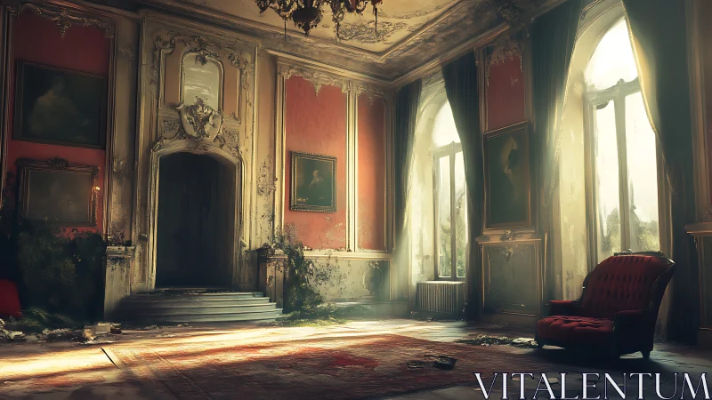 Faded baroque salon with red walls and lone velvet chair.