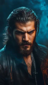 Brooding bearded rebel meets neon-tinted midnight haze