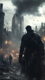 Lone wanderer walks through a war torn city in flames.