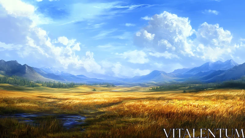 Golden prairie stretches toward distant blue mountain range