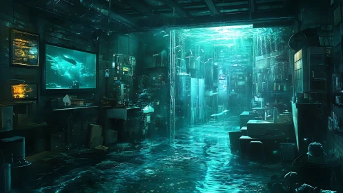 Cyberpunk submerged lab interior with luminous aquatic corridor.