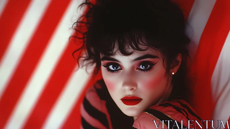 Velvet gaze against bold candy stripes and glowing red lips.