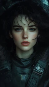 Stoic female spacefarer gazes ahead in dim teal light