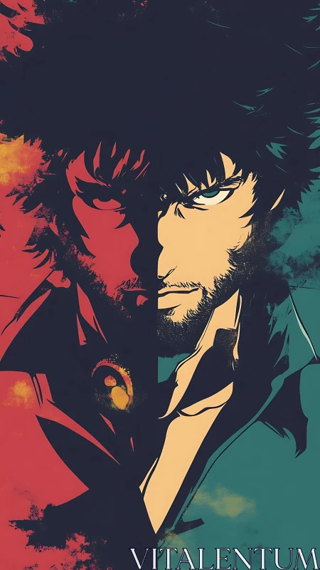 Split-color cel-shaded portrait of brooding anime antihero