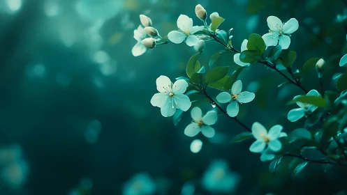 Spring blossoms glowing in teal-tinted forest light.