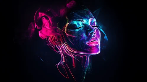 Neon contour portrait of a human face on dark ground.