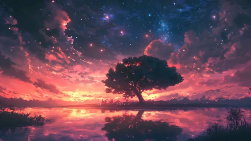 Solitary tree under vivid cosmic sunset sky reflection.