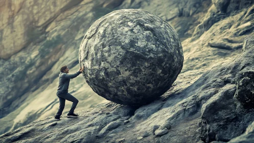 Man straining against giant boulder on rugged cliffside.