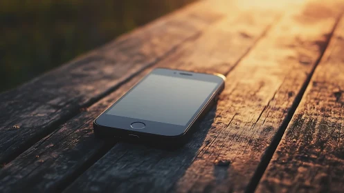 Midnight device rests against weathered grain in golden afternoon glow.