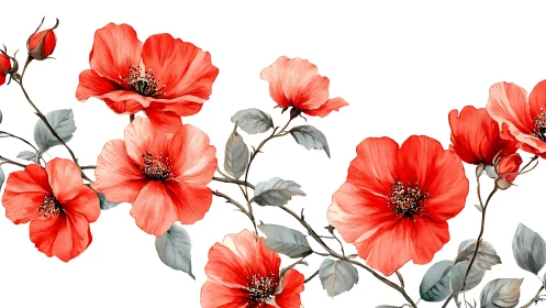 Red Coral Flowers Bloom Against White with Muted Green Foliage.