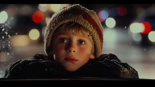 Low-light bokeh portrait of winter child at glass interface.