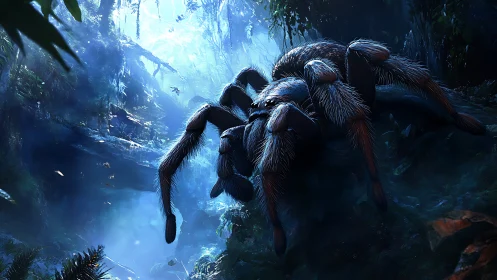 Giant jungle tarantula prowls through moody blue rainforest
