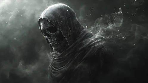 Grim reaper skull emerges from swirling spectral smoke.