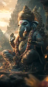 Gentle Ganesha statue bathed in golden temple twilight.