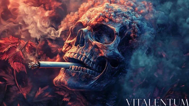 Smoldering skull with cigarette amid infernal drifting smoke.