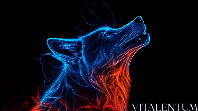 Neon wolf profile glows with electric blue and fire red light.