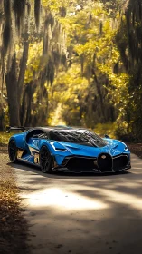 Blue hypercar sits on forest road under warm sunlight
