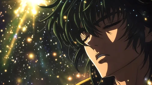 Serene anime warrior drifts in luminous cosmic starlight