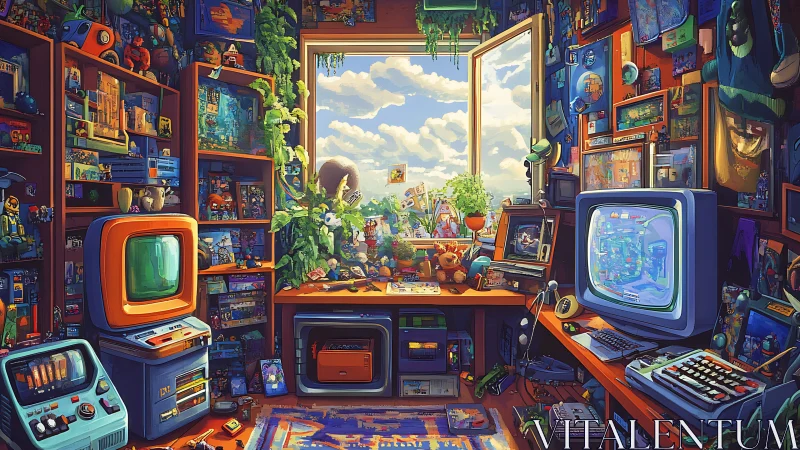 Cozy retro gamer den glowing with color and outside sunshine.