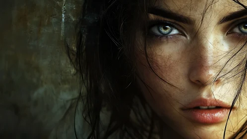 Intense blue-eyed woman stares into camera in moody closeup