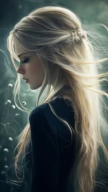 Side profile of melancholic blonde woman in soft light.