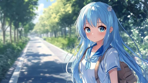 Blue-haired schoolgirl on sunlit tree-lined avenue background.