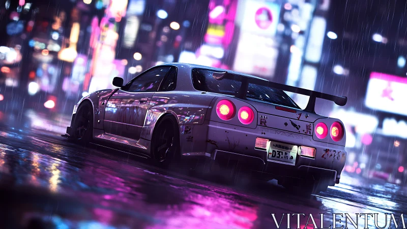 Neon city rain welcomes a sleek night racer to the streets