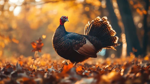 Wild Turkey Struts Through Autumn Blaze in Golden Light.